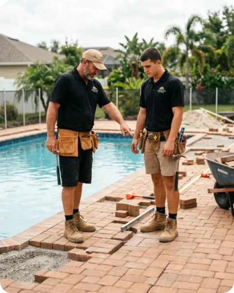 Hardscape installers laying pavers on a Jacksonville project